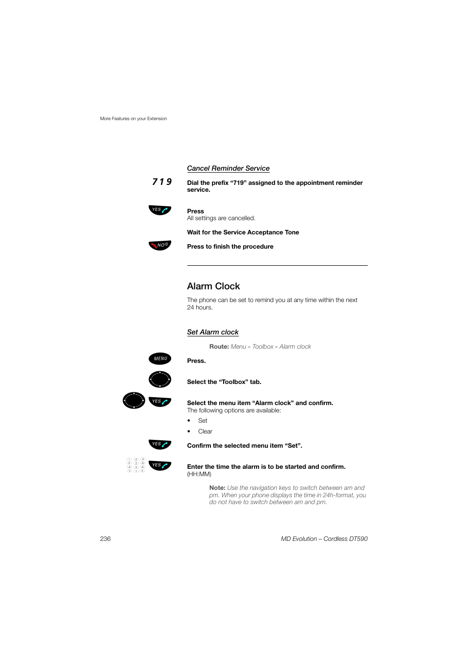 Cancel reminder service, Alarm clock, Set alarm clock | ºь ы | AASTRA DT590 for MD Evolution User Guide EN User Manual | Page 106 / 166