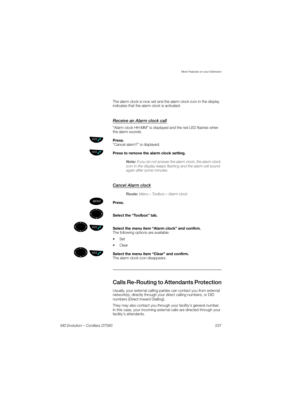 Receive an alarm clock call, Cancel alarm clock, Calls re-routing to attendants protection | ºь ы | AASTRA DT590 for MD Evolution User Guide EN User Manual | Page 107 / 166