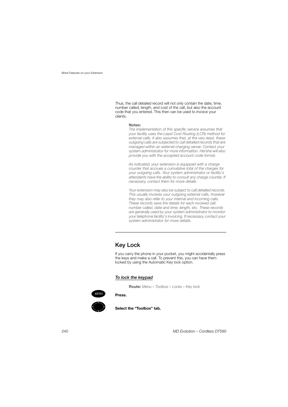 Key lock, To lock the keypad | AASTRA DT590 for MD Evolution User Guide EN User Manual | Page 110 / 166