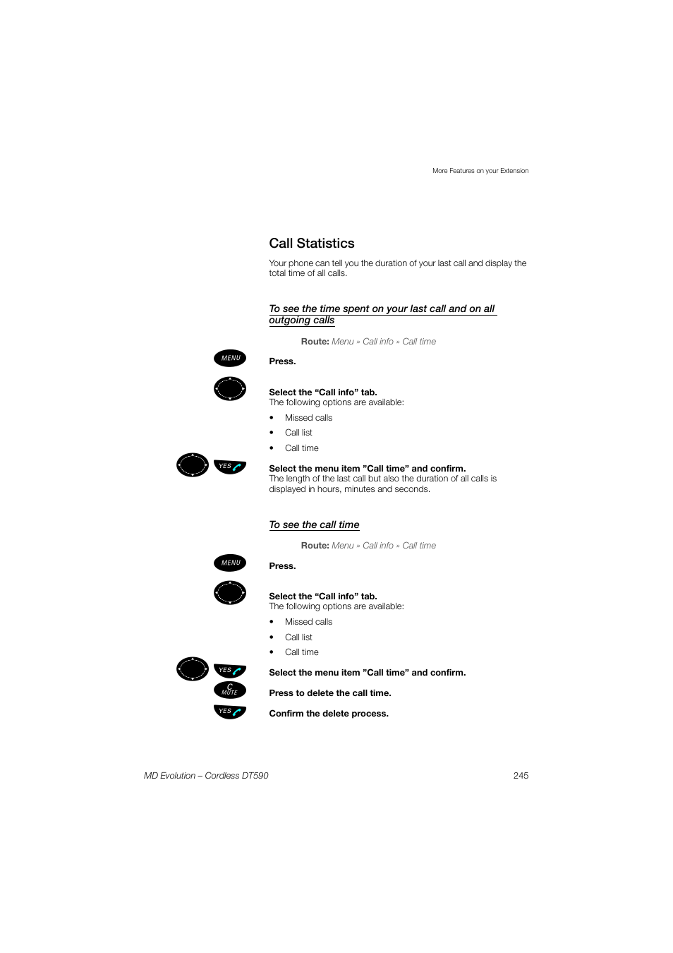 Call statistics, To see the call time, ºь ы | AASTRA DT590 for MD Evolution User Guide EN User Manual | Page 115 / 166