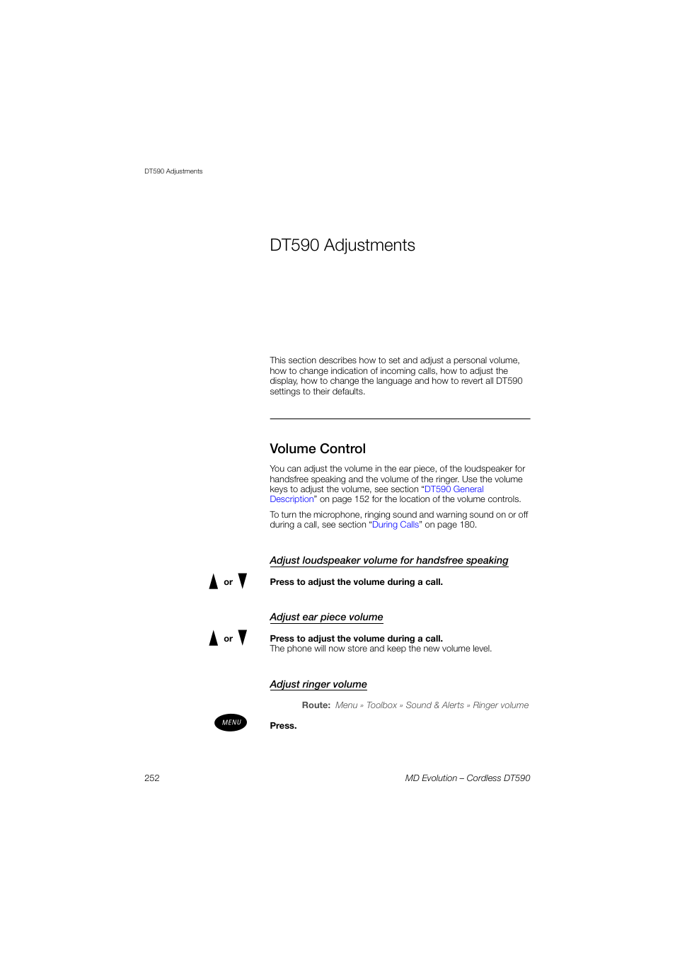 Dt590 adjustments, Volume control, Adjust loudspeaker volume for handsfree speaking | Adjust ear piece volume, Adjust ringer volume, Ection, Adjust ear, Piece volume, Adjust loudspeaker, Volume for handsfree speaking | AASTRA DT590 for MD Evolution User Guide EN User Manual | Page 122 / 166