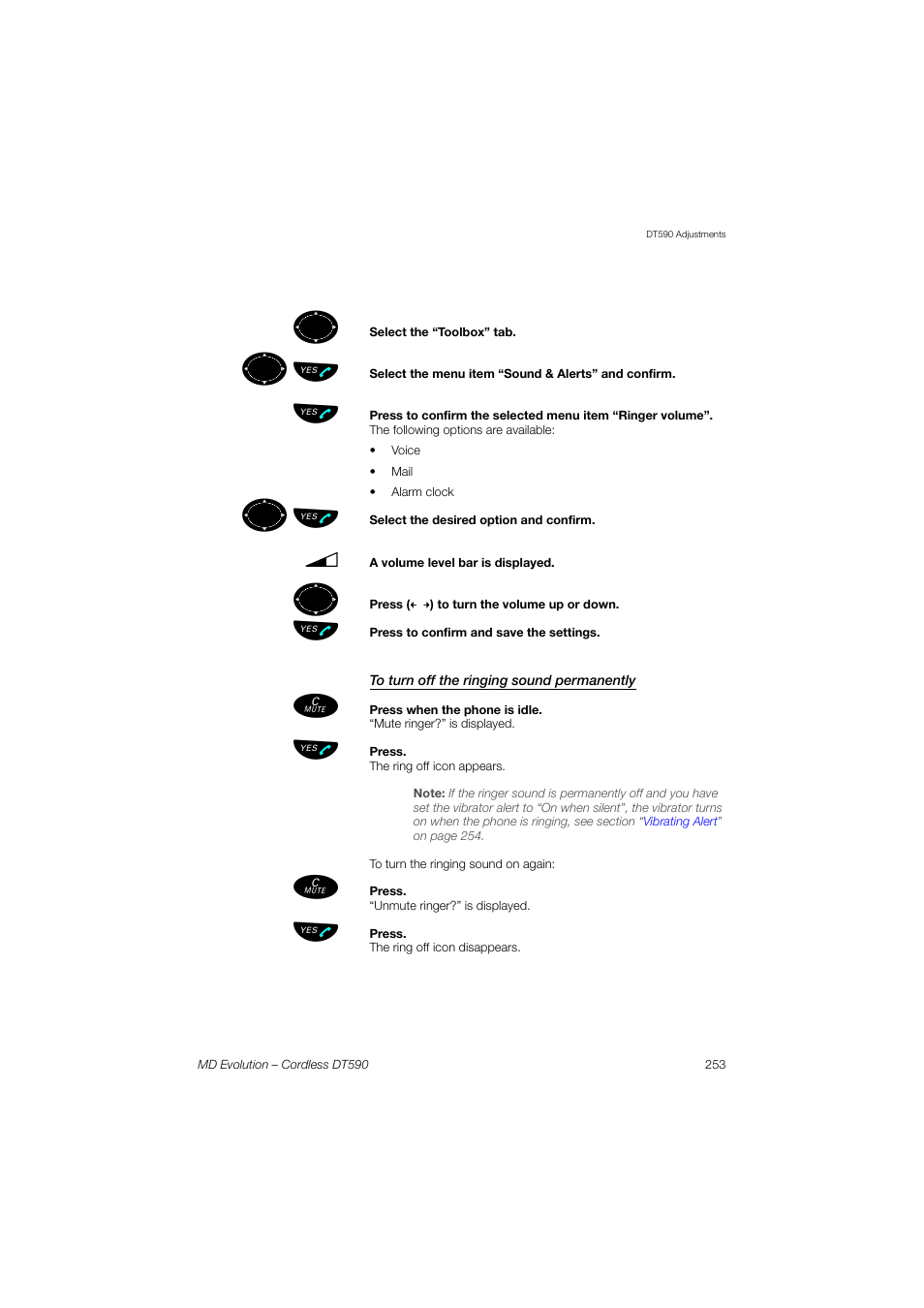 To turn off the ringing sound permanently, ºь ы | AASTRA DT590 for MD Evolution User Guide EN User Manual | Page 123 / 166