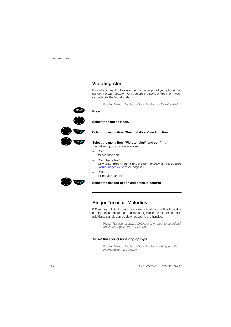 Vibrating alert, Ringer tones or melodies, To set the sound for a ringing type | ºь ы | AASTRA DT590 for MD Evolution User Guide EN User Manual | Page 124 / 166