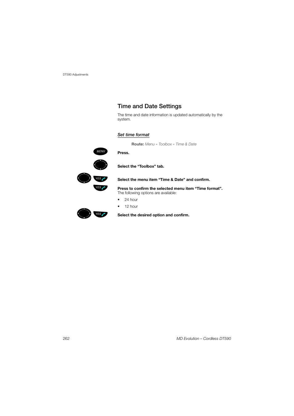 Time and date settings, Set time format, ºь ы | AASTRA DT590 for MD Evolution User Guide EN User Manual | Page 132 / 166