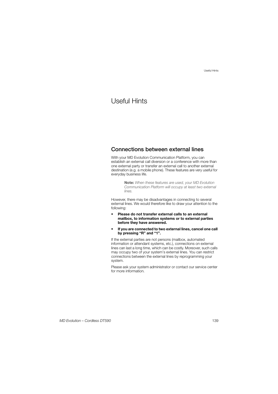 Useful hints, Connections between external lines | AASTRA DT590 for MD Evolution User Guide EN User Manual | Page 139 / 166
