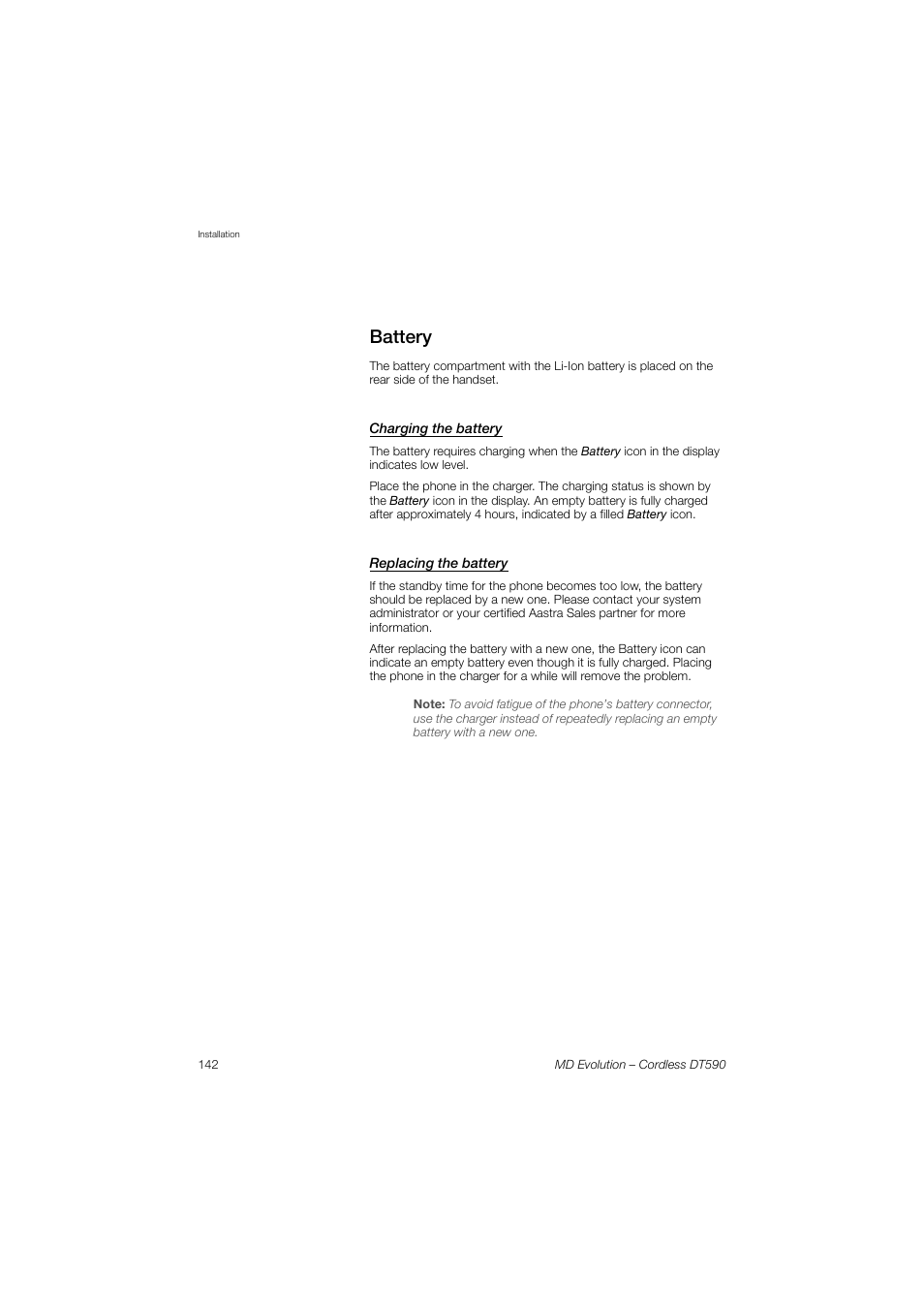 Battery, Charging the battery, Replacing the battery | AASTRA DT590 for MD Evolution User Guide EN User Manual | Page 142 / 166