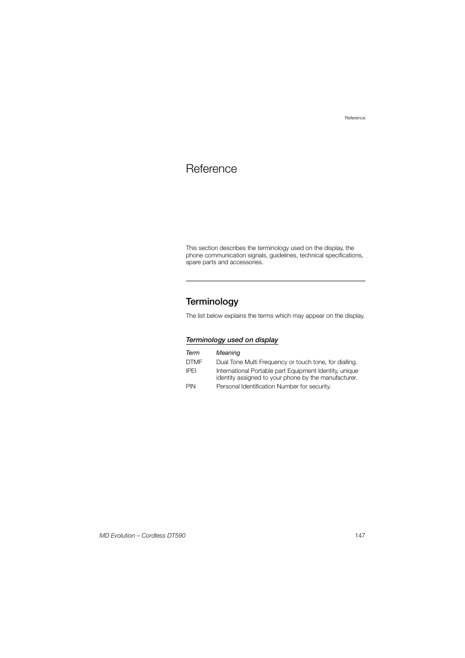 Reference, Terminology, Terminology used on display | AASTRA DT590 for MD Evolution User Guide EN User Manual | Page 147 / 166