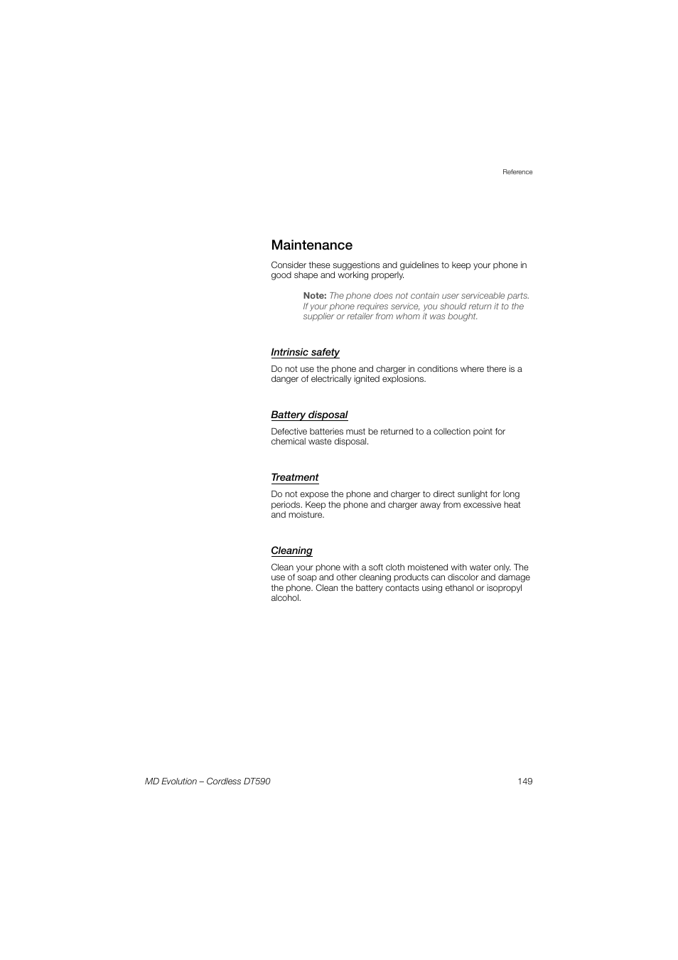 Maintenance, Intrinsic safety, Battery disposal | Treatment, Cleaning | AASTRA DT590 for MD Evolution User Guide EN User Manual | Page 149 / 166