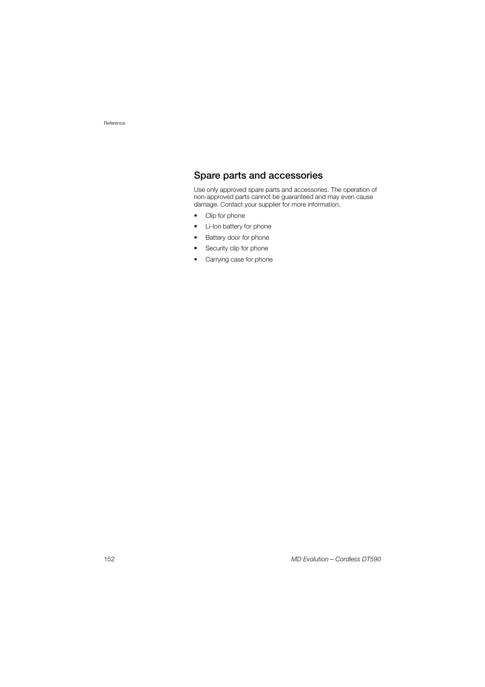 Spare parts and accessories | AASTRA DT590 for MD Evolution User Guide EN User Manual | Page 152 / 166