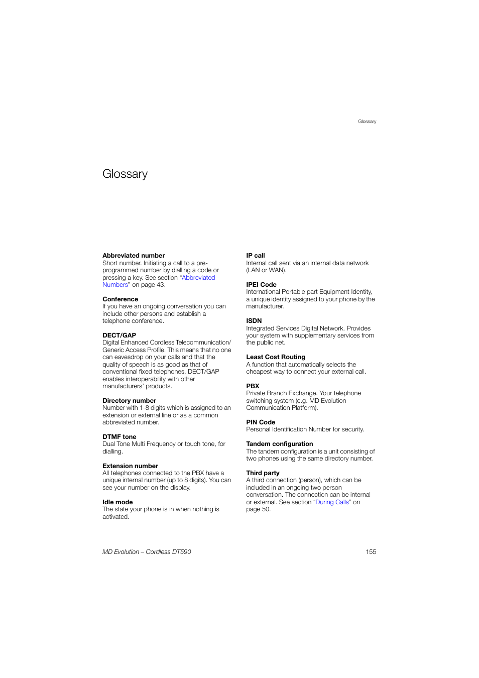 Glossary | AASTRA DT590 for MD Evolution User Guide EN User Manual | Page 155 / 166