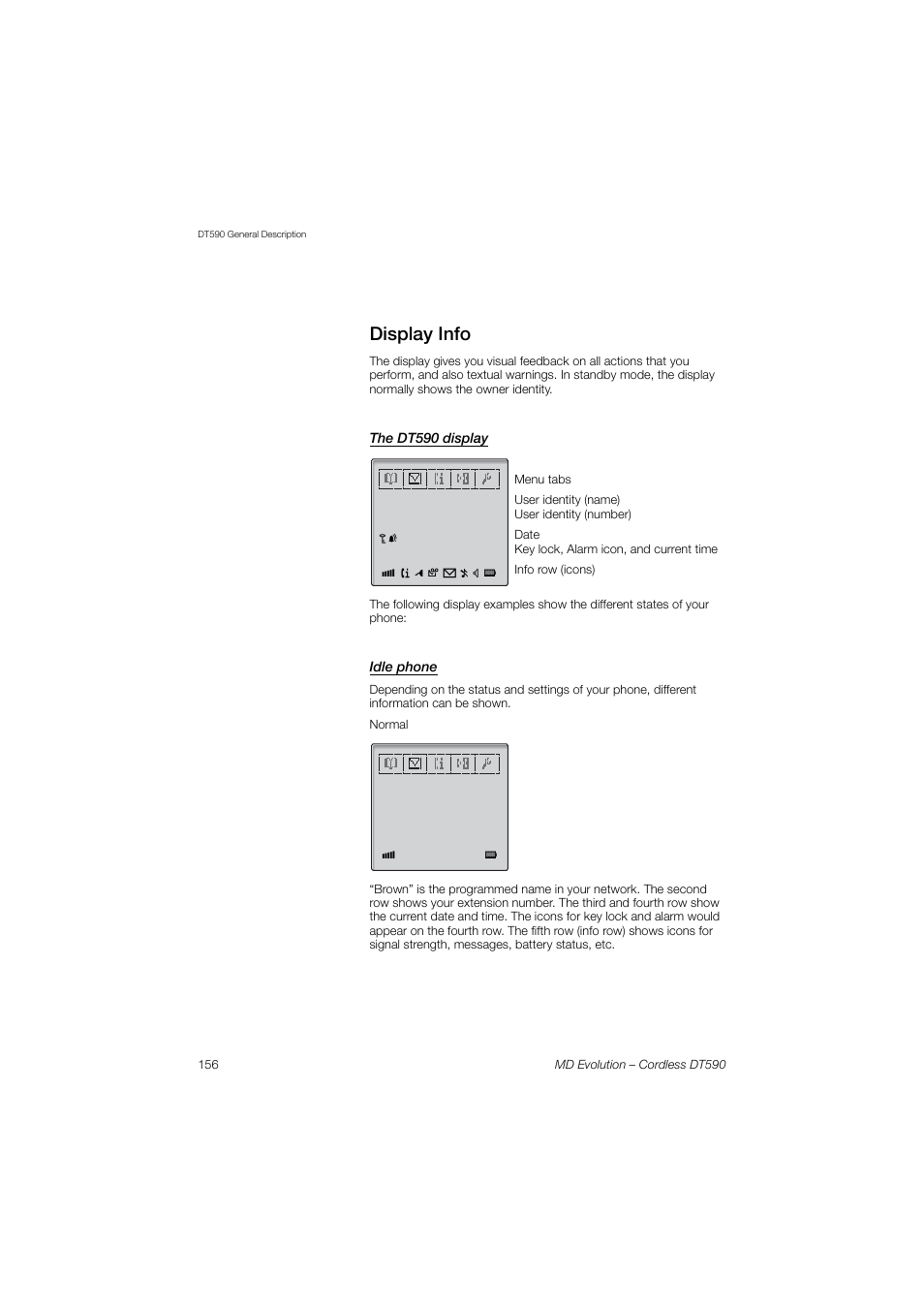 Display info, The dt590 display, Idle phone | AASTRA DT590 for MD Evolution User Guide EN User Manual | Page 26 / 166