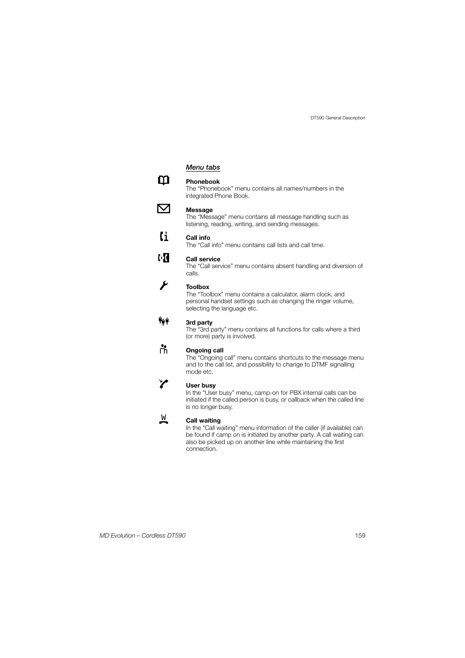 Menu tabs | AASTRA DT590 for MD Evolution User Guide EN User Manual | Page 29 / 166