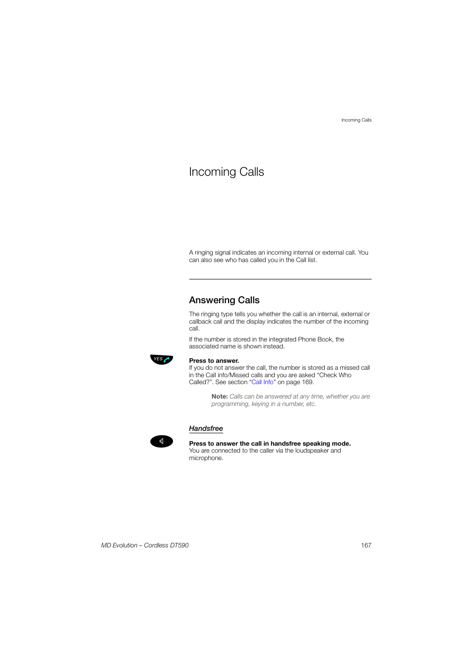 Incoming calls, Answering calls, Handsfree | AASTRA DT590 for MD Evolution User Guide EN User Manual | Page 37 / 166