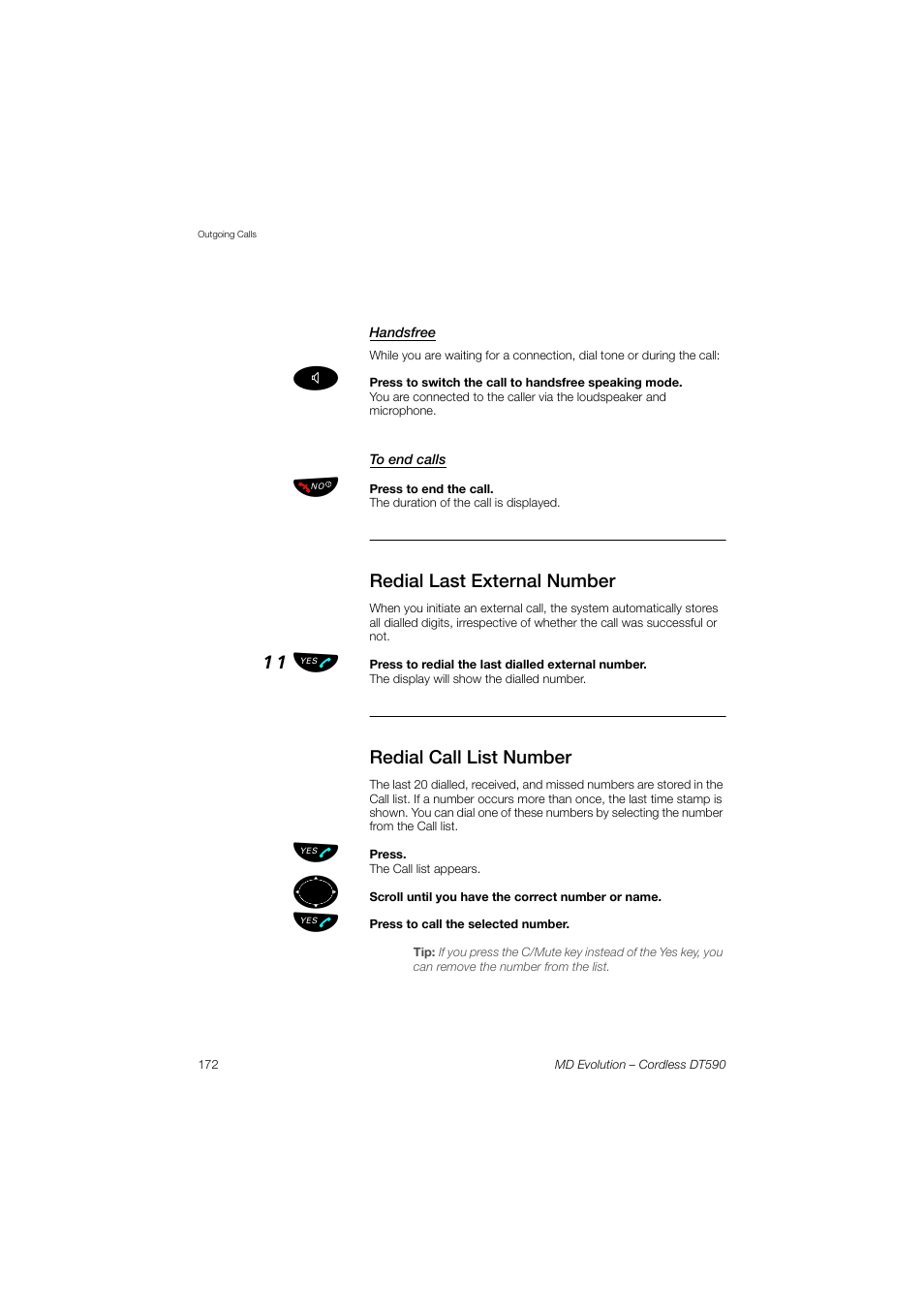 Handsfree, To end calls, Redial last external number | Redial call list number, 11 ь ы | AASTRA DT590 for MD Evolution User Guide EN User Manual | Page 42 / 166
