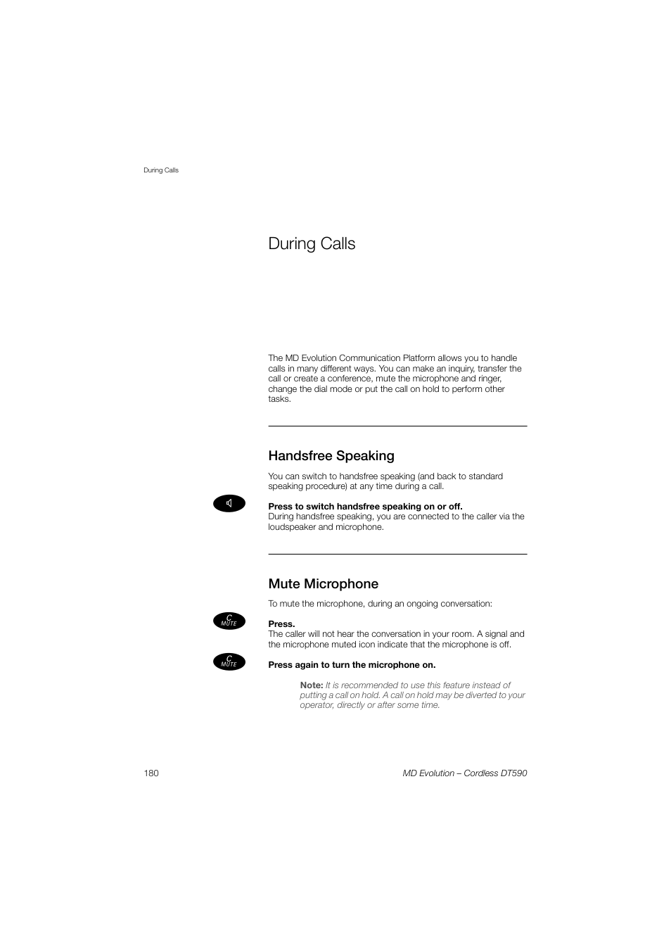 During calls, Handsfree speaking, Mute microphone | AASTRA DT590 for MD Evolution User Guide EN User Manual | Page 50 / 166