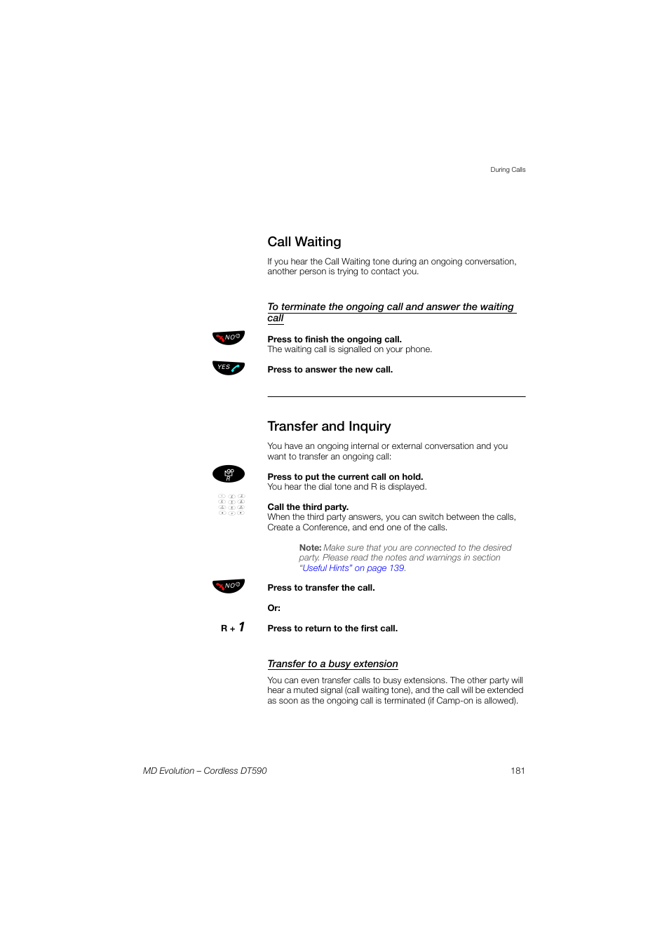 Call waiting, Transfer and inquiry, Transfer to a busy extension | AASTRA DT590 for MD Evolution User Guide EN User Manual | Page 51 / 166