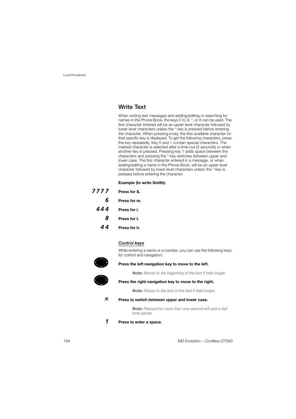 Write text, Control keys | AASTRA DT590 for MD Evolution User Guide EN User Manual | Page 64 / 166
