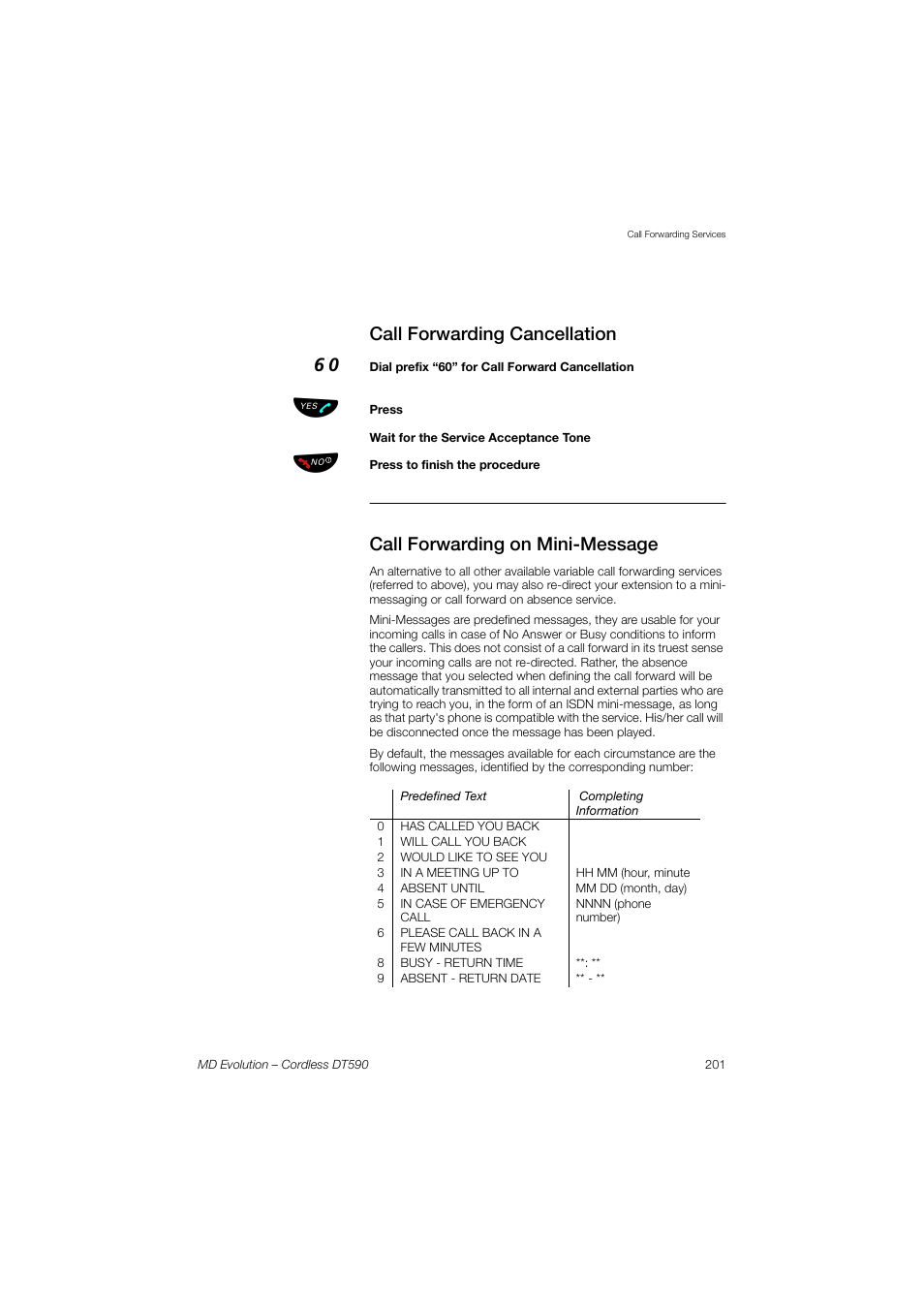 Call forwarding cancellation, Call forwarding on mini-message | AASTRA DT590 for MD Evolution User Guide EN User Manual | Page 71 / 166