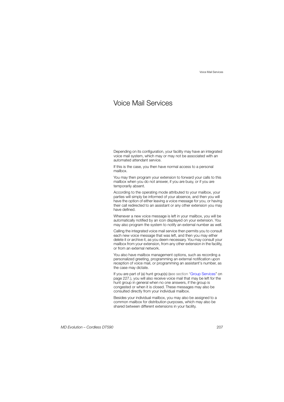 Voice mail services, Voice mail, Services | Section | AASTRA DT590 for MD Evolution User Guide EN User Manual | Page 77 / 166