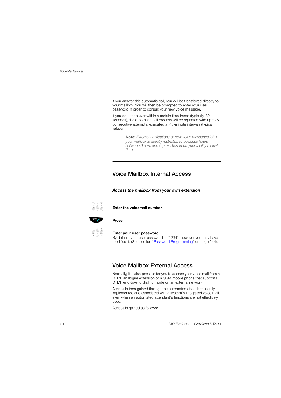 Voice mailbox internal access, Access the mailbox from your own extension, Voice mailbox external access | AASTRA DT590 for MD Evolution User Guide EN User Manual | Page 82 / 166