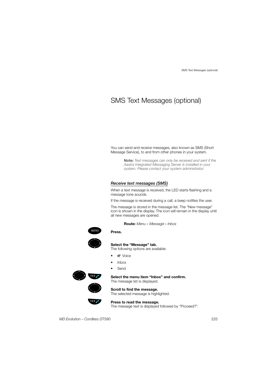 Sms text messages (optional), Receive text messages (sms), ºь ы | AASTRA DT590 for MD Evolution User Guide EN User Manual | Page 95 / 166