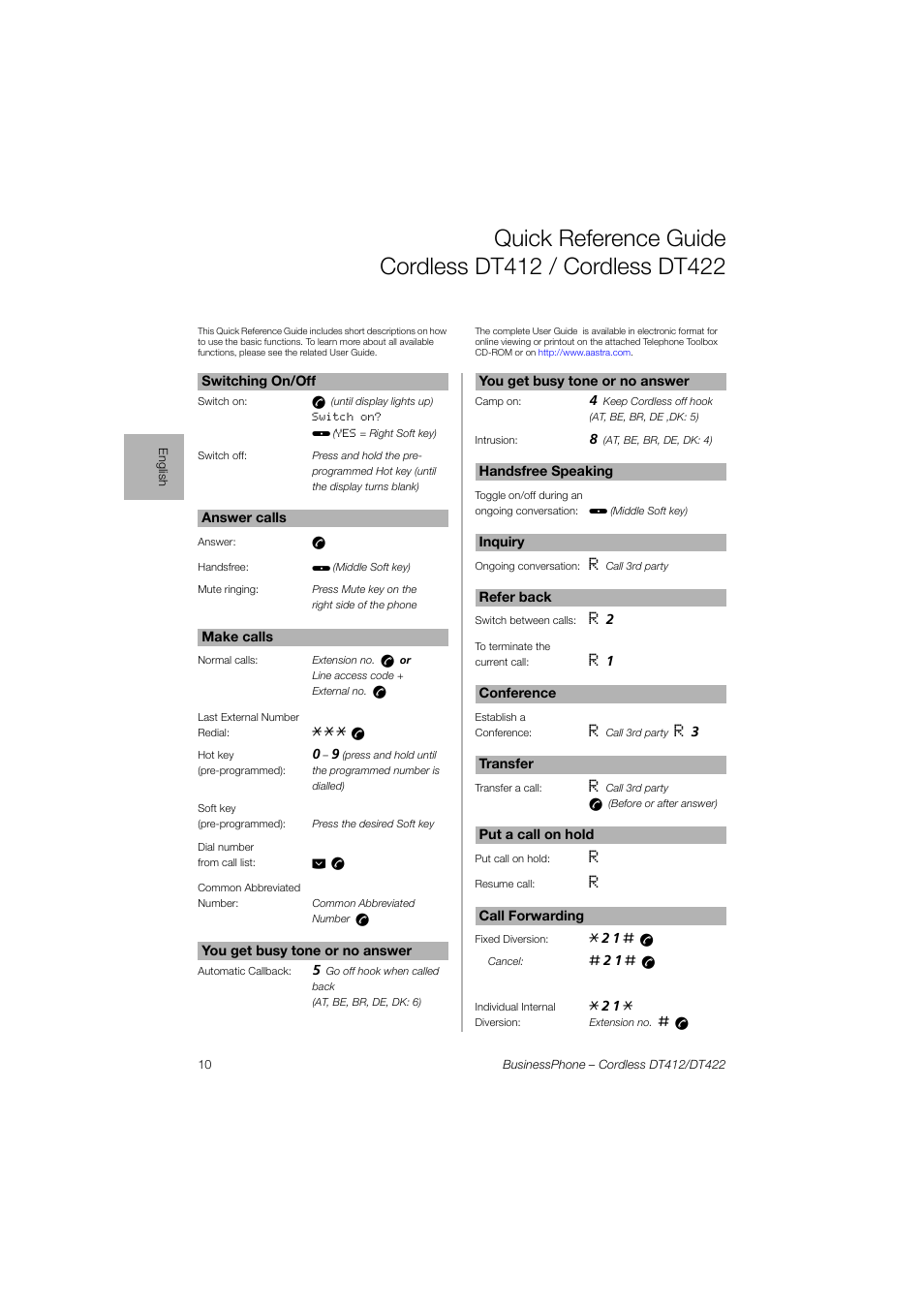 AASTRA DT4x2 for BusinessPhone Quick Reference Guide User Manual | Page 10 / 36