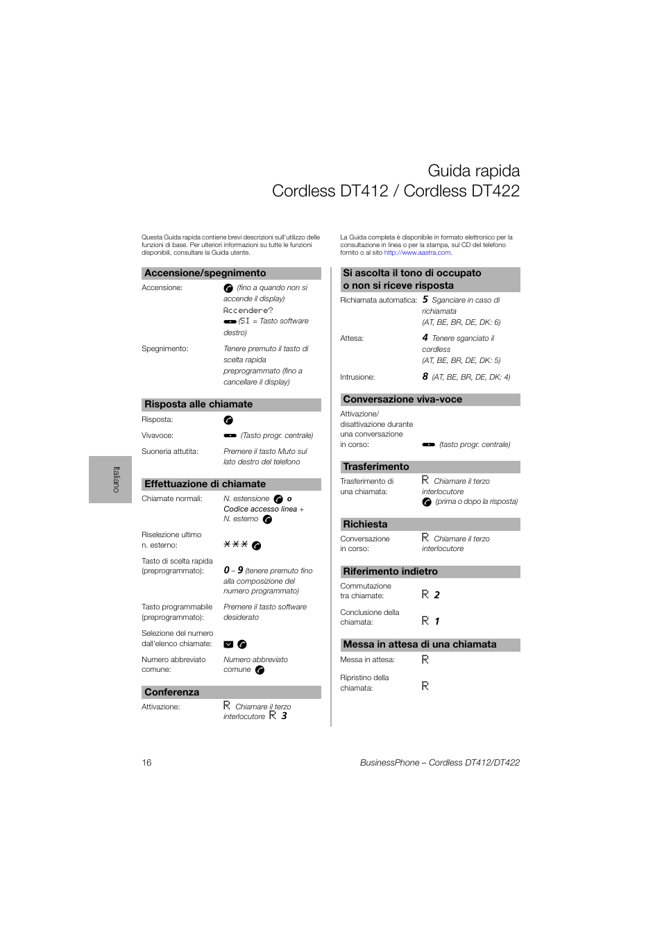 Guida rapida cordlessdt412/cordlessdt422 | AASTRA DT4x2 for BusinessPhone Quick Reference Guide User Manual | Page 16 / 36