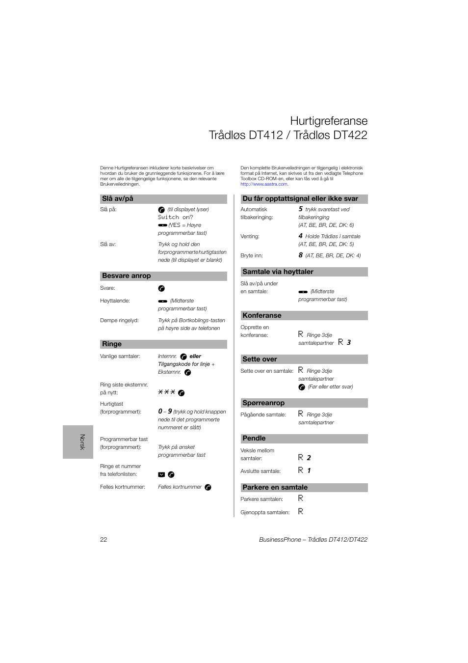 Hurtigreferanse trådløsdt412/trådløsdt422 | AASTRA DT4x2 for BusinessPhone Quick Reference Guide User Manual | Page 22 / 36