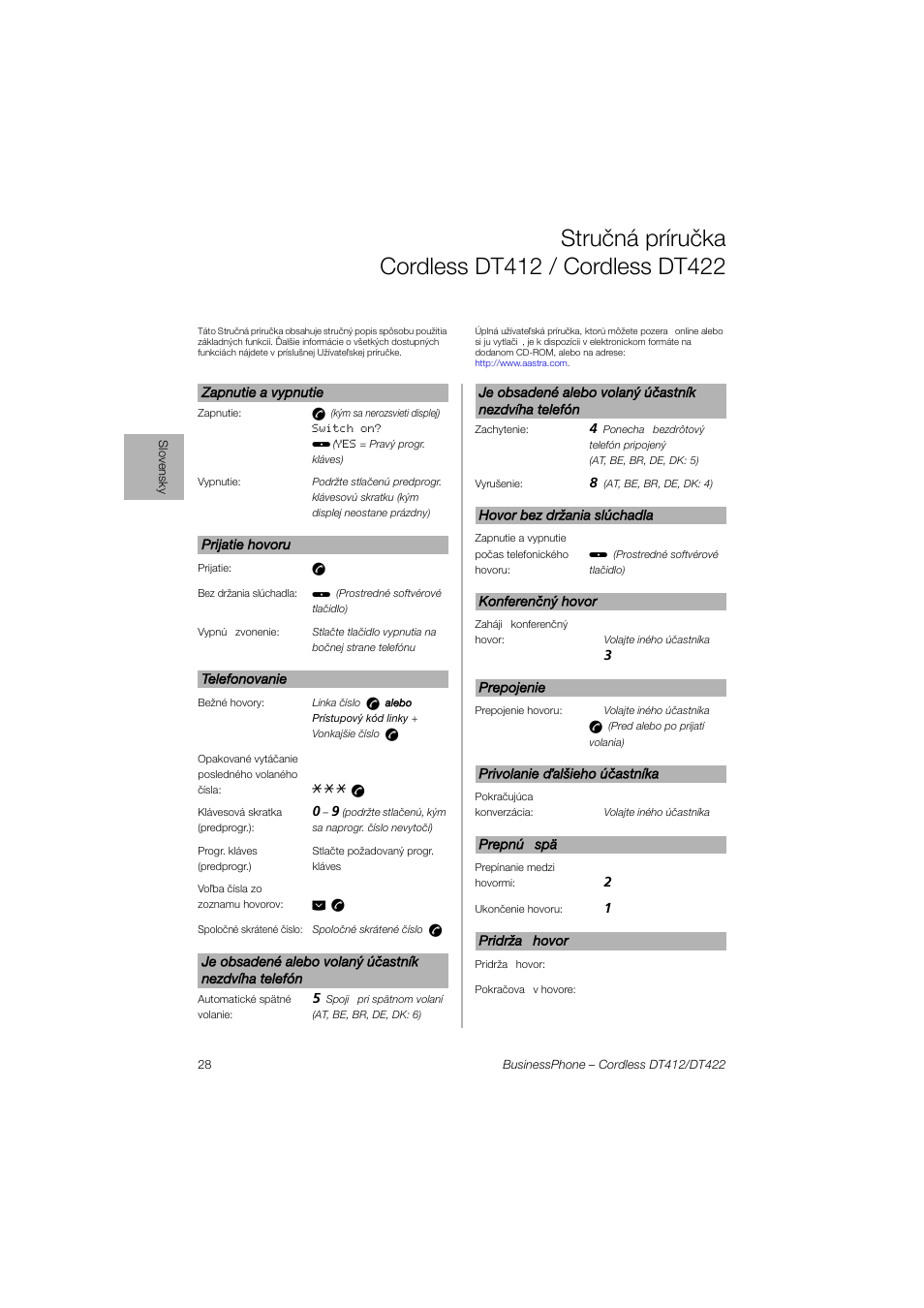 Struèná príruèka cordlessdt412/cordlessdt422 | AASTRA DT4x2 for BusinessPhone Quick Reference Guide User Manual | Page 28 / 36
