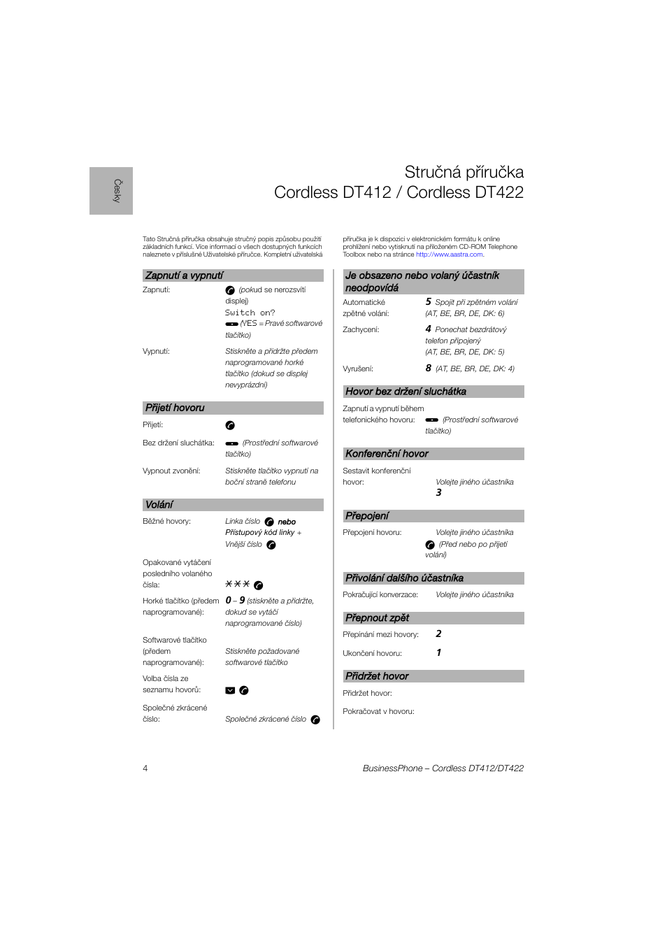 Struèná pøíruèka cordlessdt412/cordlessdt422 | AASTRA DT4x2 for BusinessPhone Quick Reference Guide User Manual | Page 4 / 36