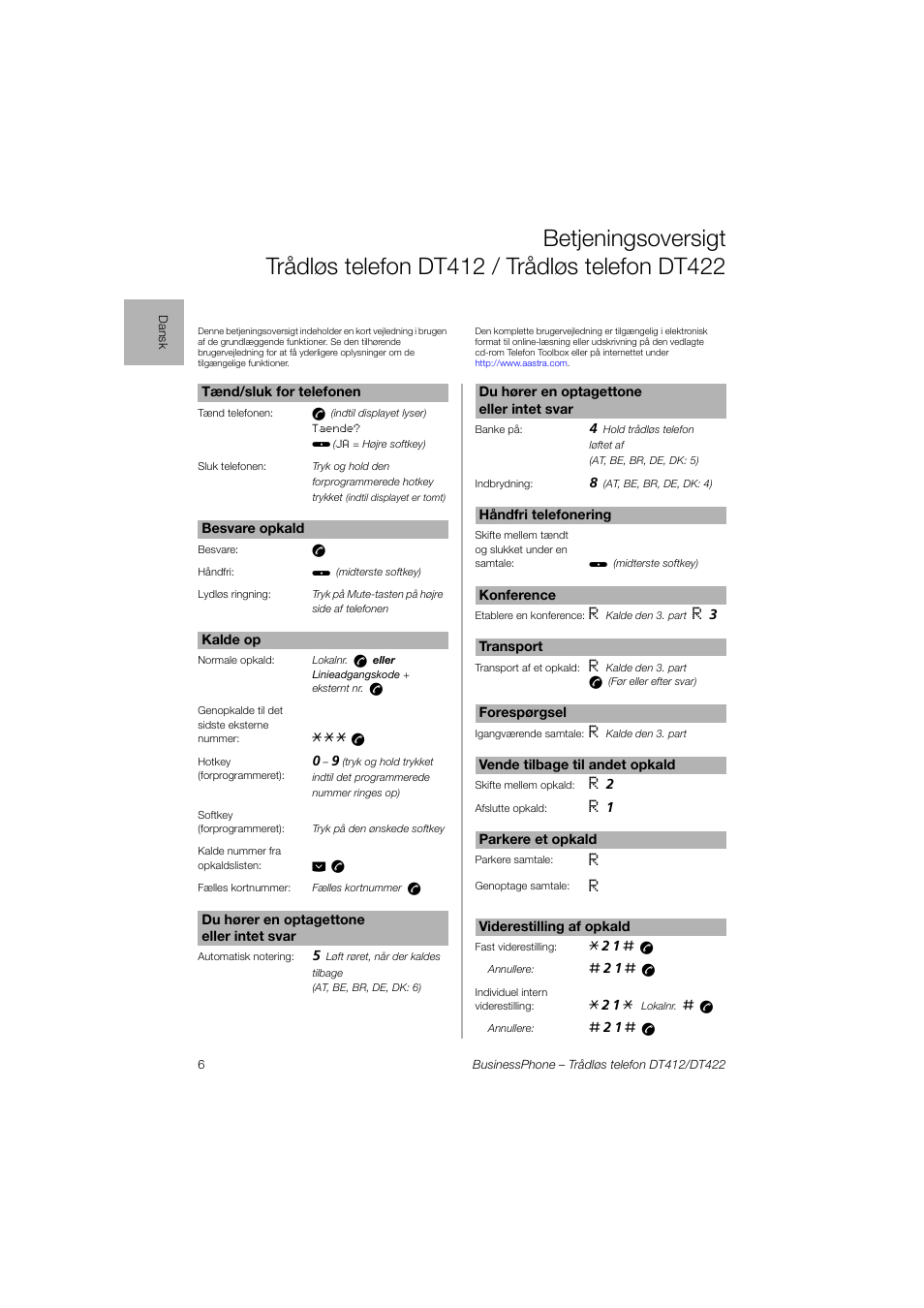 AASTRA DT4x2 for BusinessPhone Quick Reference Guide User Manual | Page 6 / 36