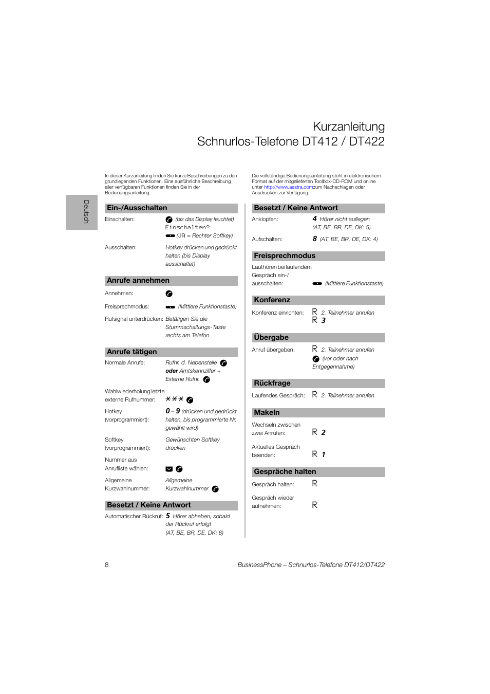 Kurzanleitung schnurlos-telefonedt412/dt422 | AASTRA DT4x2 for BusinessPhone Quick Reference Guide User Manual | Page 8 / 36