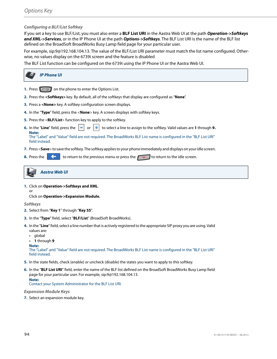 Options key | AASTRA 6739i User Guide EN User Manual | Page 100 / 214