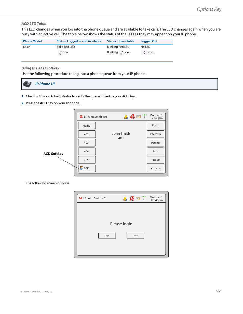 Options key, Please login | AASTRA 6739i User Guide EN User Manual | Page 103 / 214