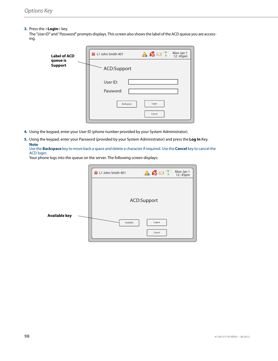 Options key, Acd:support | AASTRA 6739i User Guide EN User Manual | Page 104 / 214