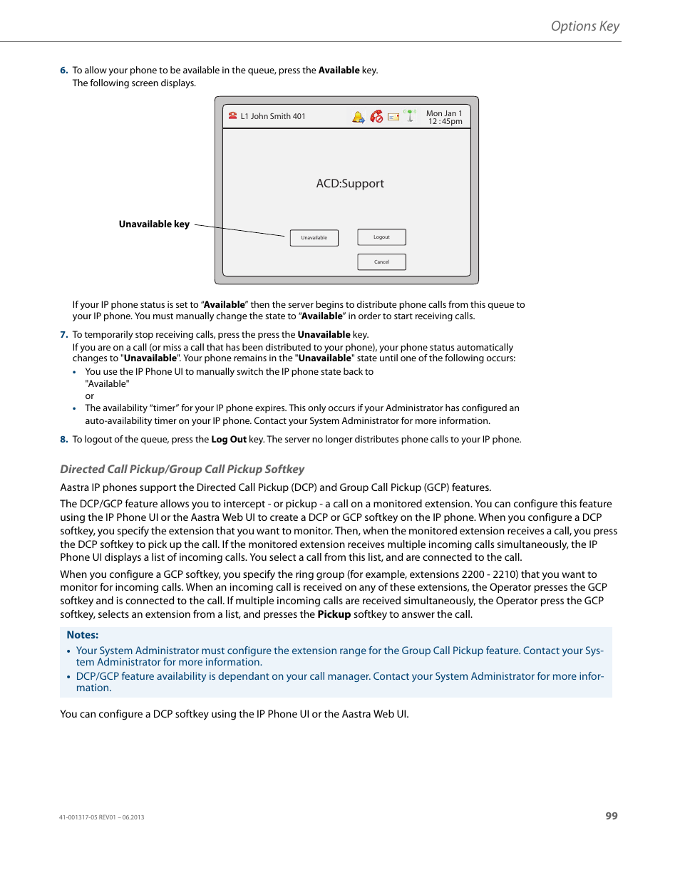 Directed call pickup/group call pickup softkey, Options key | AASTRA 6739i User Guide EN User Manual | Page 105 / 214