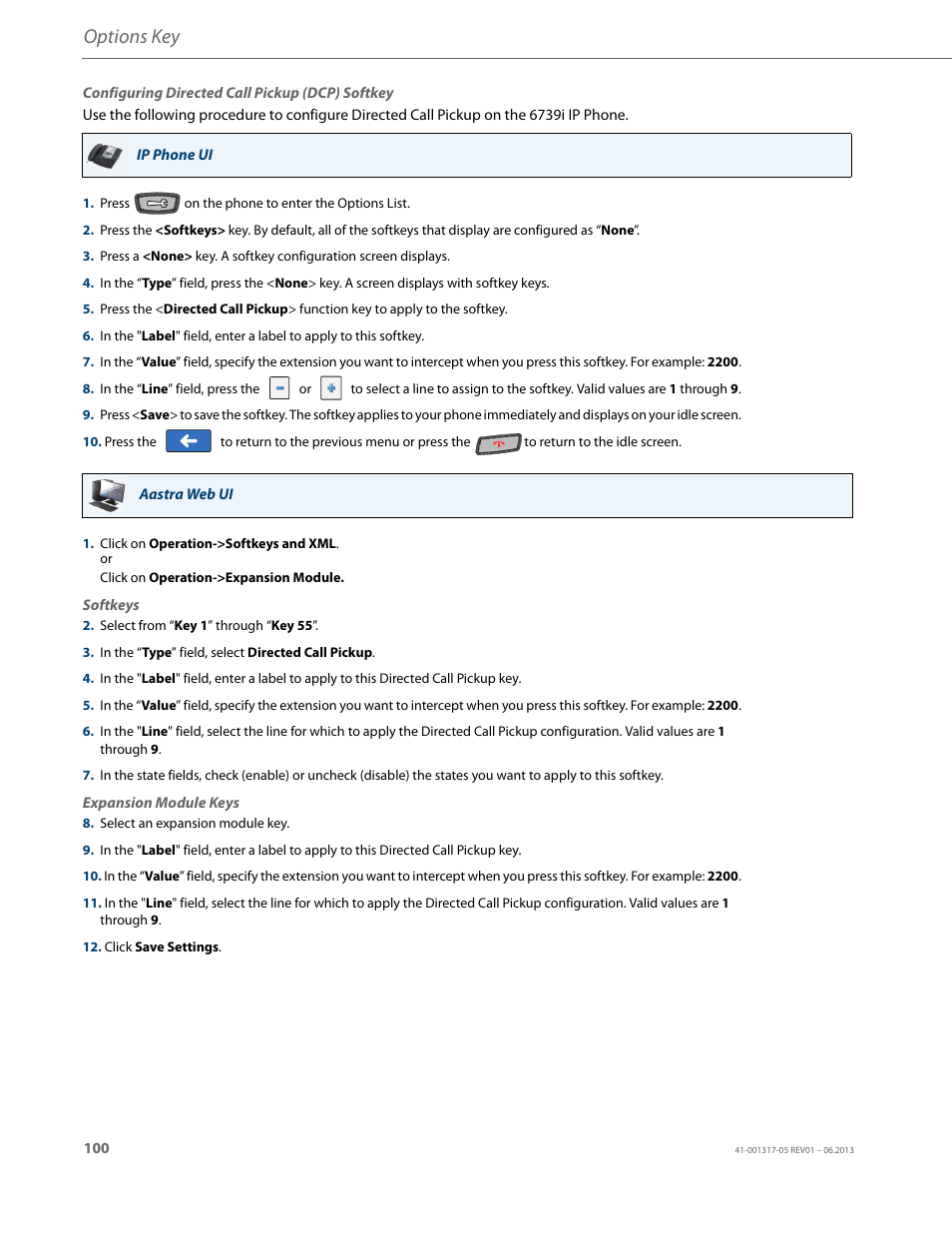 Options key | AASTRA 6739i User Guide EN User Manual | Page 106 / 214