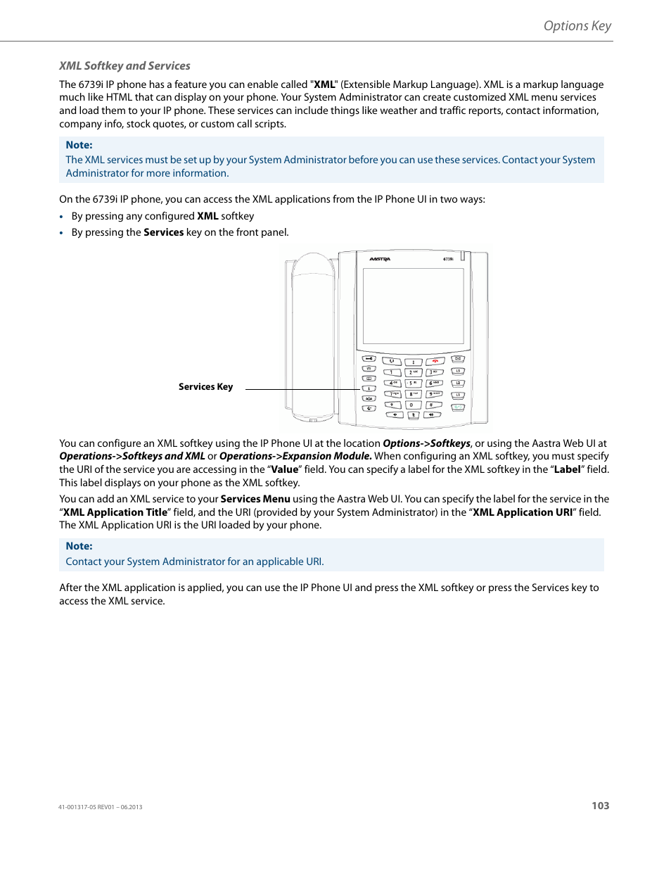 Xml softkey and services, Options key | AASTRA 6739i User Guide EN User Manual | Page 109 / 214