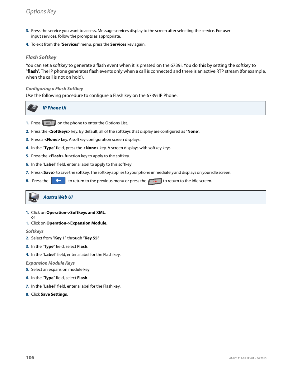 Flash softkey, Options key | AASTRA 6739i User Guide EN User Manual | Page 112 / 214