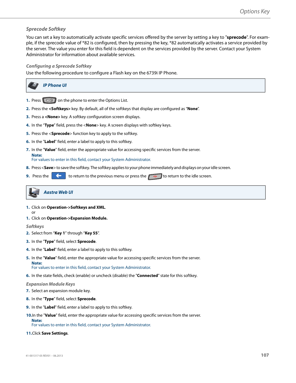 Sprecode softkey, Options key | AASTRA 6739i User Guide EN User Manual | Page 113 / 214