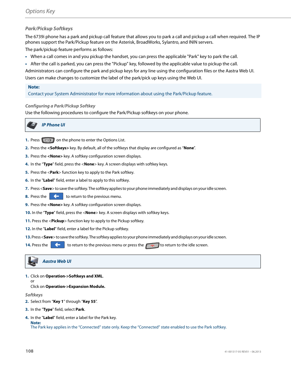 Park/pickup softkeys, Options key | AASTRA 6739i User Guide EN User Manual | Page 114 / 214