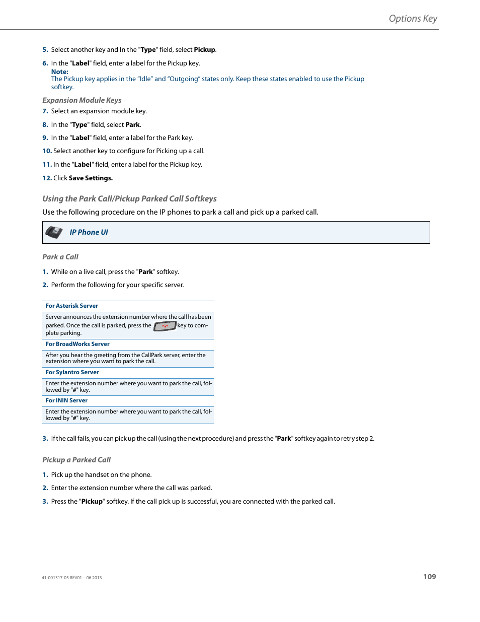 Using the park call/pickup parked call softkeys, Options key | AASTRA 6739i User Guide EN User Manual | Page 115 / 214