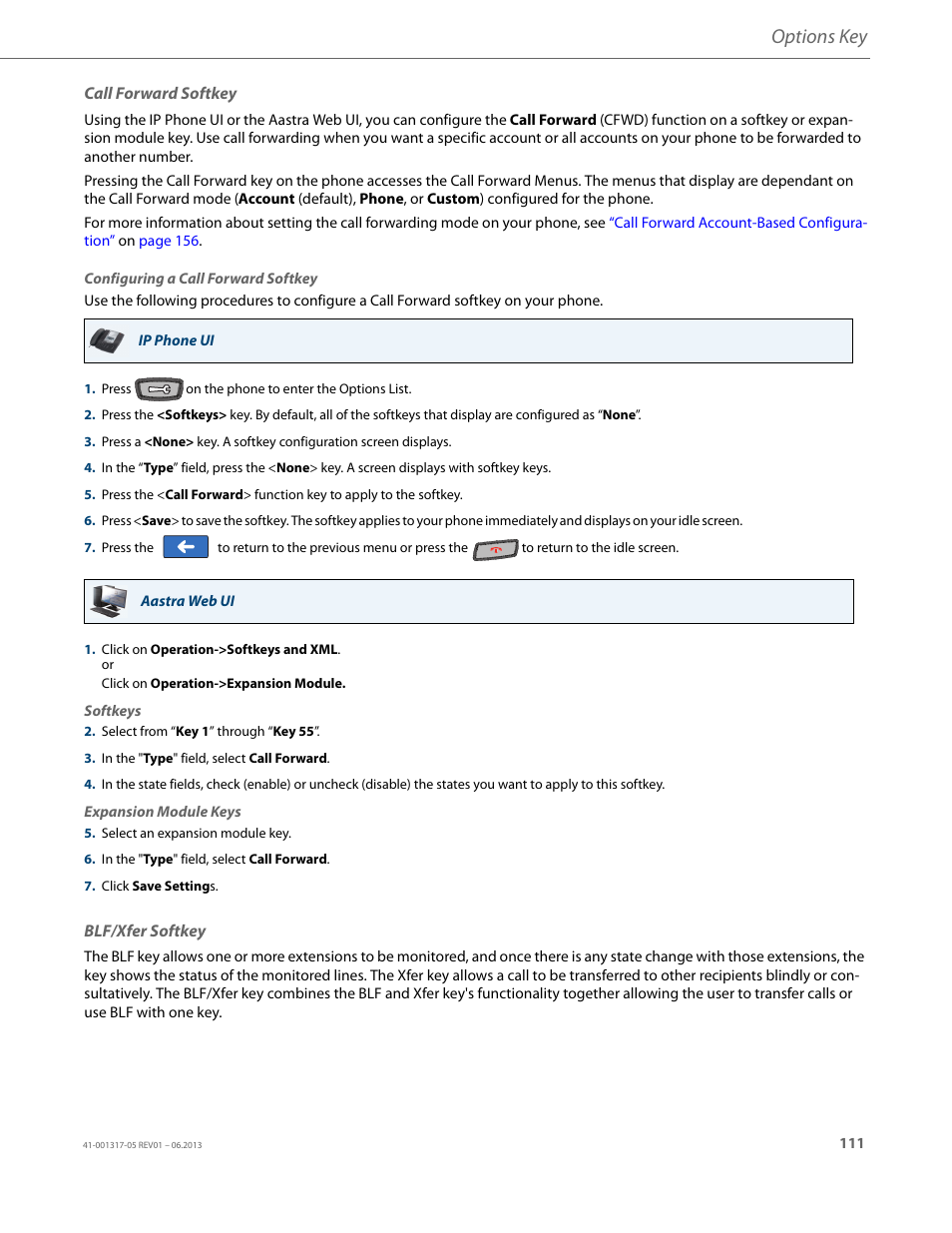 Call forward softkey, Blf/xfer softkey, Options key | AASTRA 6739i User Guide EN User Manual | Page 117 / 214