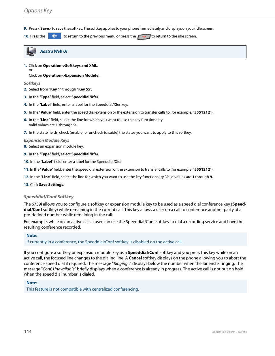 Speeddial/conf softkey, Options key | AASTRA 6739i User Guide EN User Manual | Page 120 / 214