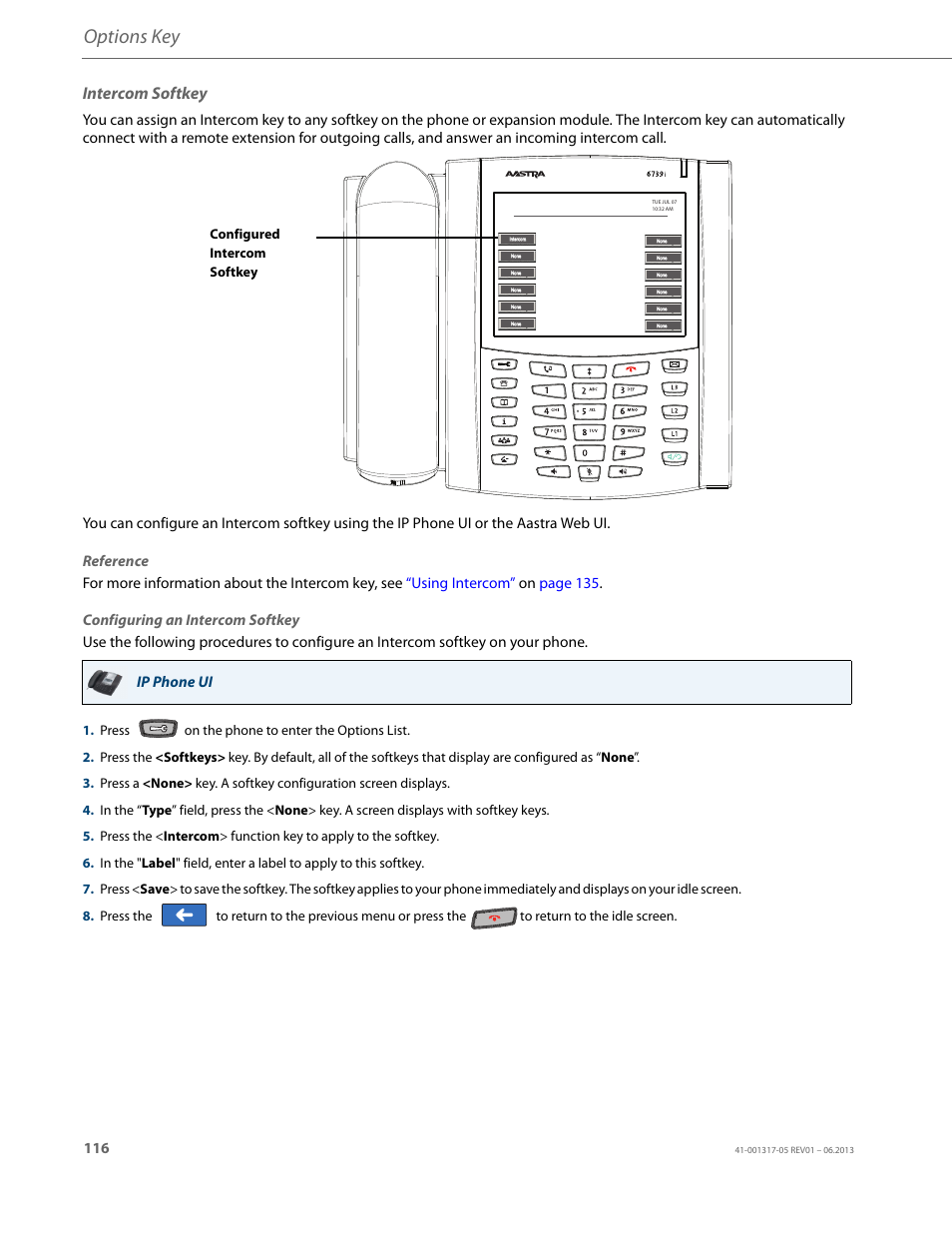 Intercom softkey, Options key | AASTRA 6739i User Guide EN User Manual | Page 122 / 214