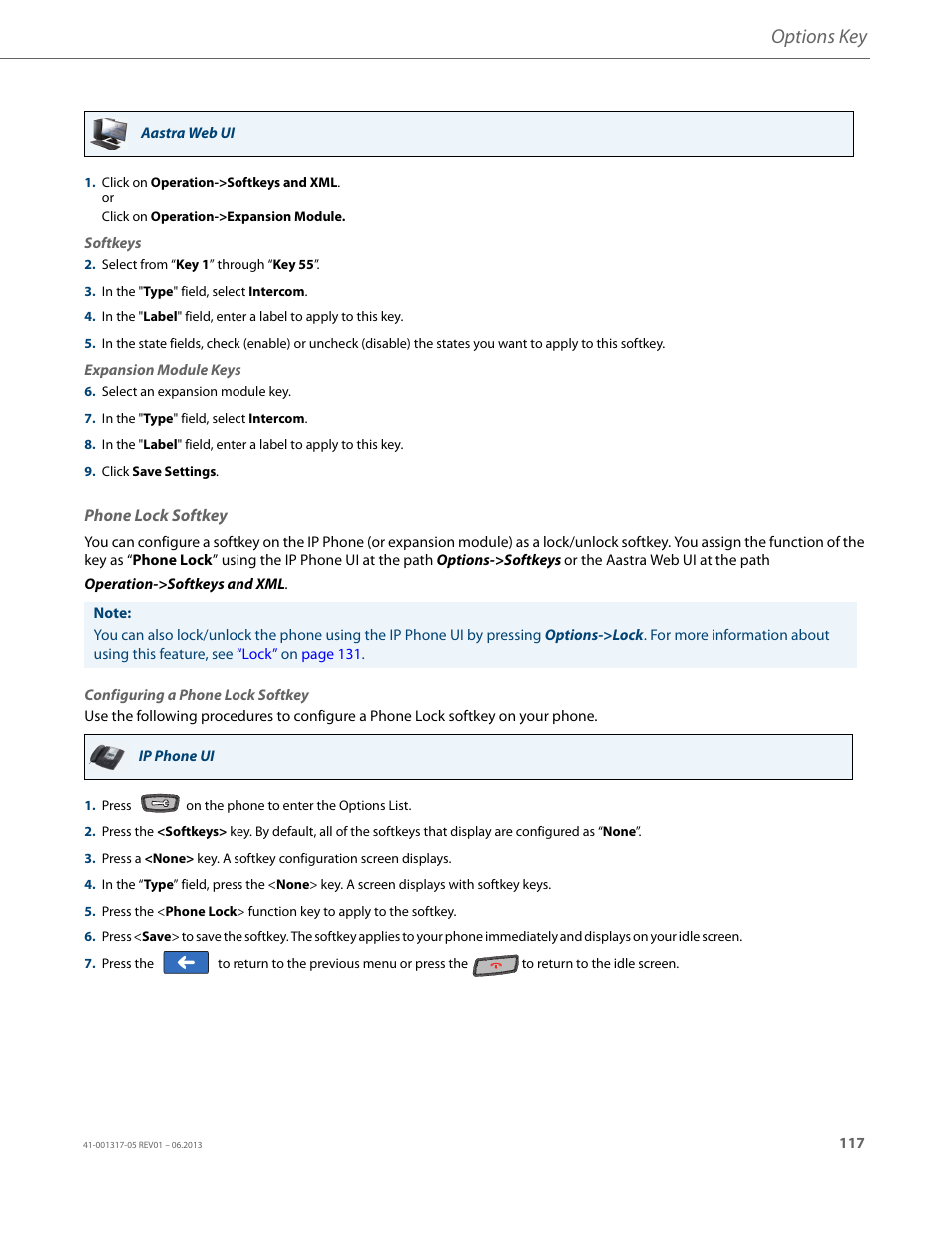 Phone lock softkey, Options key | AASTRA 6739i User Guide EN User Manual | Page 123 / 214