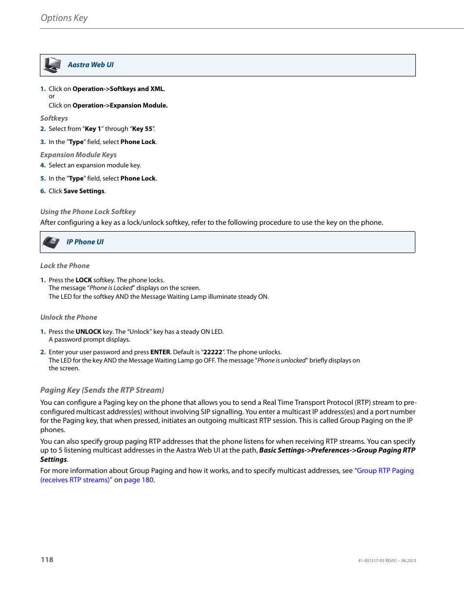 Paging key (sends the rtp stream), Options key | AASTRA 6739i User Guide EN User Manual | Page 124 / 214