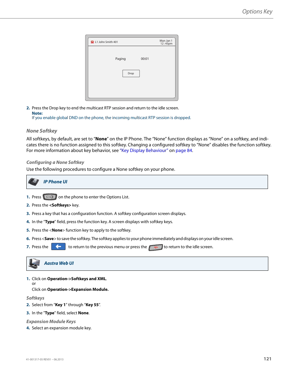 None softkey, Options key | AASTRA 6739i User Guide EN User Manual | Page 127 / 214