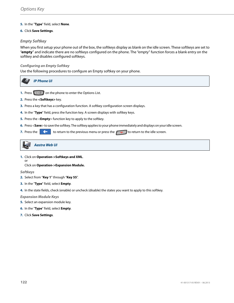 Empty softkey, Options key | AASTRA 6739i User Guide EN User Manual | Page 128 / 214