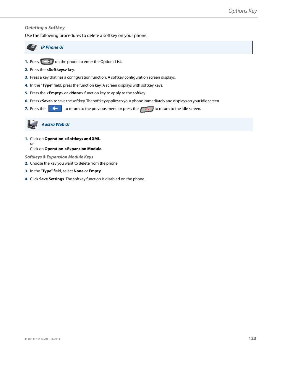 Deleting a softkey, Options key | AASTRA 6739i User Guide EN User Manual | Page 129 / 214